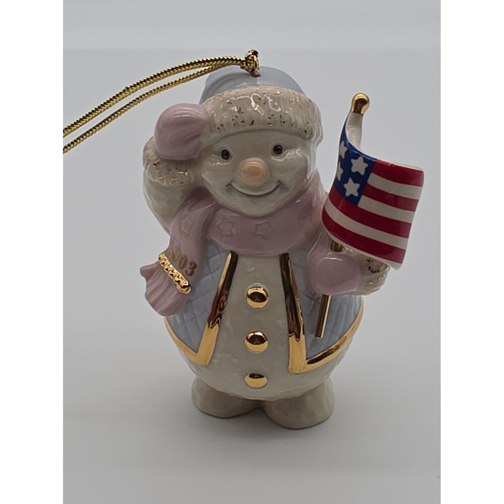 LENOX Ornament "Patriotic Snowman" 2003 Porcelain Christmas W/ Flag With Box.
